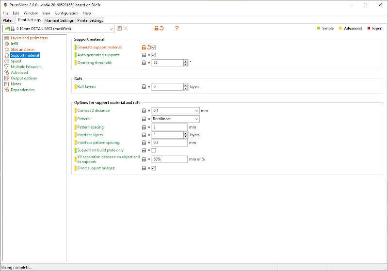 Setting support material parameters in PrusaSlicer